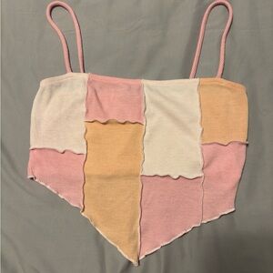 Patchwork Ribbed Point-Hem Crop Cami in Pink, Cream & Tan